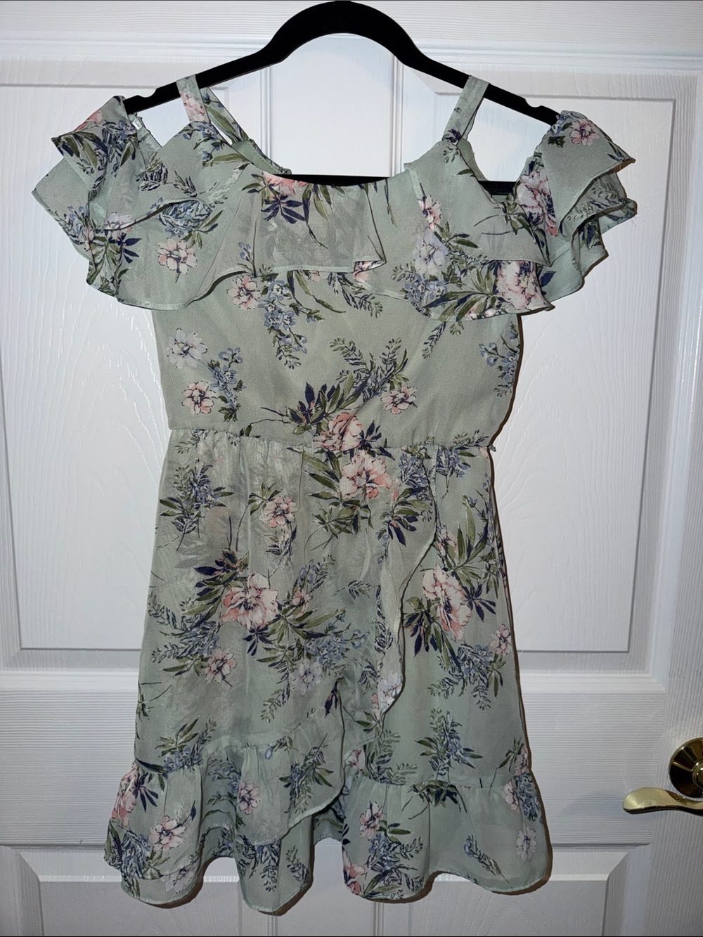 Iz Byer Sage Green Floral Cold-Shoulder Ruffle Dress